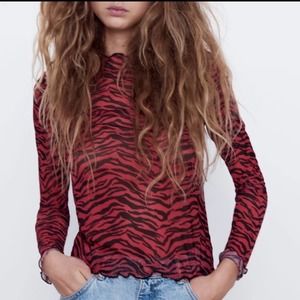 Zara Red and Black Zebra Print Long Sleeve Top